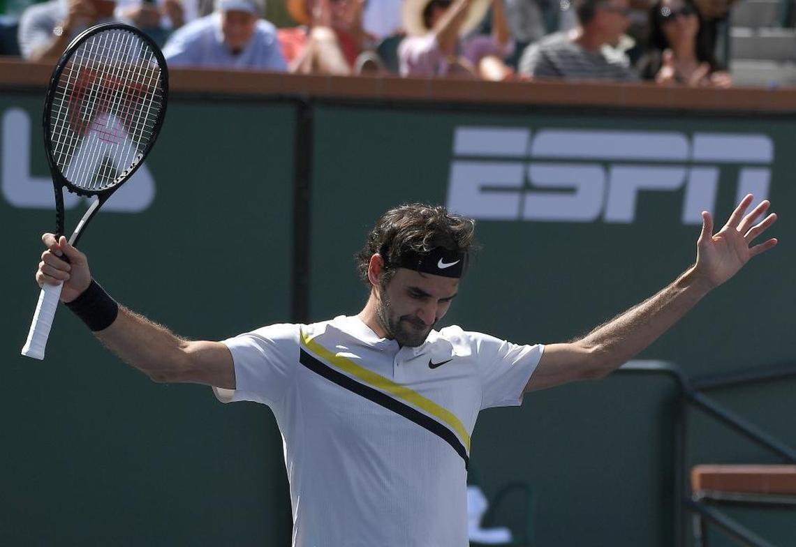Roger Federer, of Switzerland, celebrates after beating Borna Coric, of Croatia, during the semifinals at the BNP Paribas Open tennis tournament on March 17, 2018, in Indian Wells, Calif.