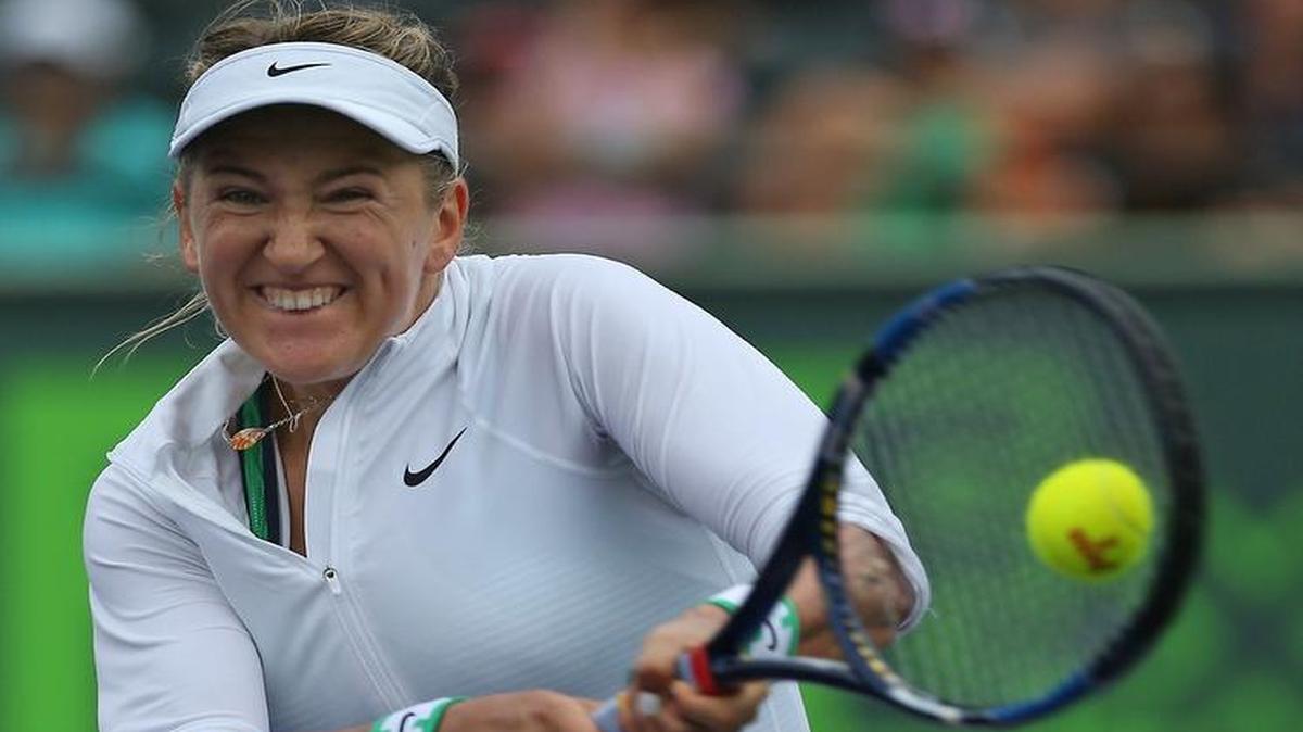 Victoria Azarenka belts a return during her 6-4, 6-2 quarterfinal victory over Great Britain’s Johanna Konta on Wednesday. With the win, the Belarussian raised her season record to 20-1 and broke back into the top five.