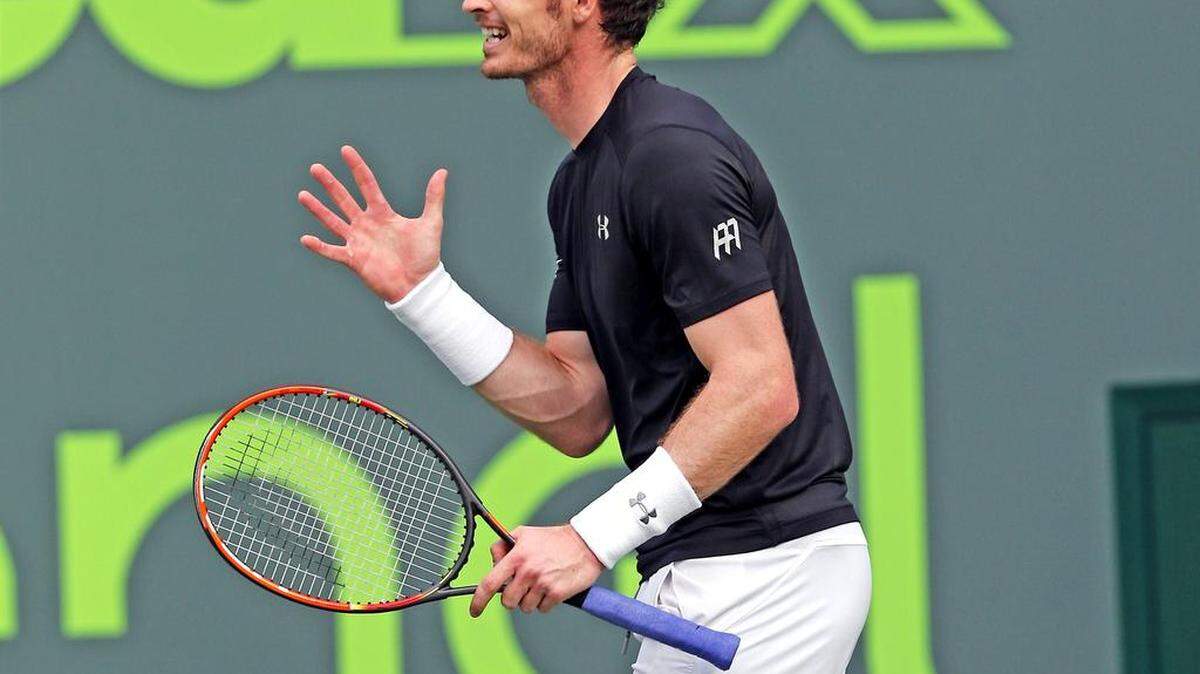 Andy Murray reacts after being defeated by Grigor Dimitrov in three sets at the Miami Open Monday, March 28, 2016, on Key Biscayne.