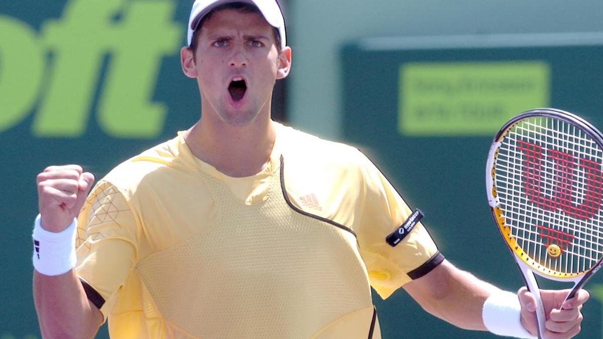 Novak Djokovic celebrates after winning with the Sony Ericsson Open (now Miami Open) with a victory over Guillermo Canas on April 1, 2007 at the Tennis Center of Crandon Park on Key Biscayne.