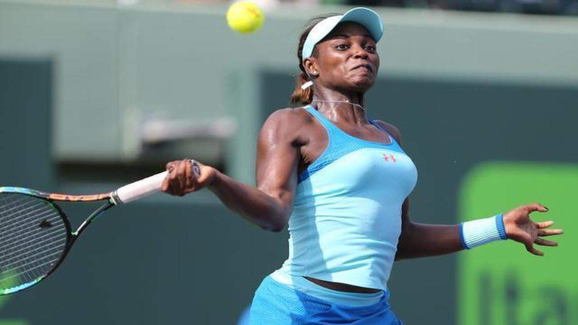
Sloane Stephens hits a return against Madison Keys during her 6-4, 6-2 win Friday, March 27, 2015 at the Miami Open on Key Biscayne. 
