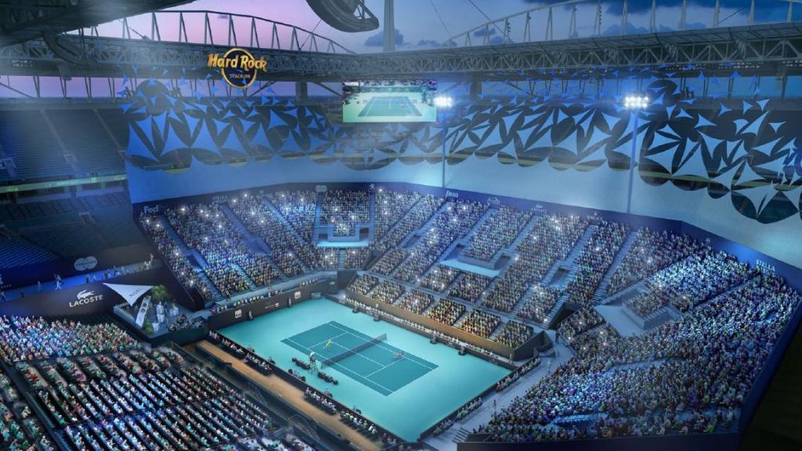 An artist’s rendering shows what the inside of Hard Rock Stadium would look like with a tennis court and seating.
