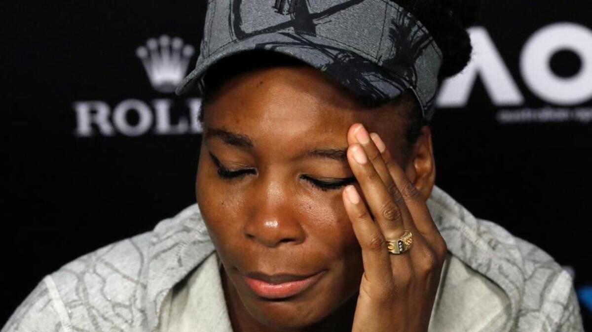 In this Jan. 28, 2017, file photo, Venus Williams answers questions at a press conference following her loss to sister Serena in the women's singles final at the Australian Open tennis championships. Venus Williams was found at fault in a crash on June 9 that resulted in the death of a 78-year-old man.