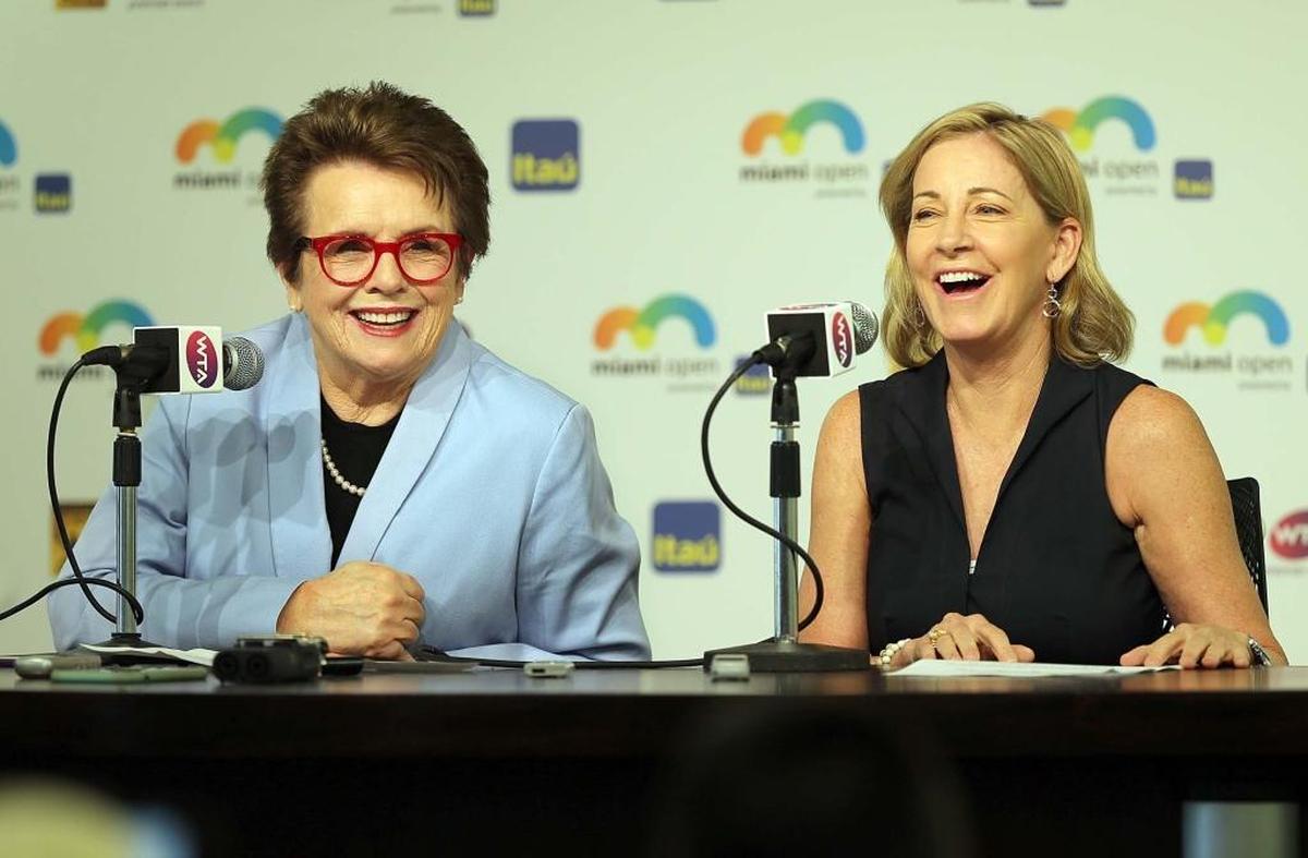 Tennis legends Billie Jean King, left, and Chris Evert address the media during a press conference at the Miami Open tennis tournament in Key Biscayne, Florida, on Wednesday, March 23, 2016.