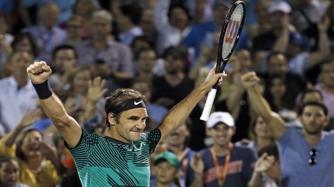 Roger Federer defeats Nick Kyrgios 7-6, 6-7, 7-6 during the men's singles semifinals at the Miami Open Tennis tournament, presented by Itau, at Crandon Park Tennis Center in Key Biscayne, Florida on Fri., March 31, 2017.