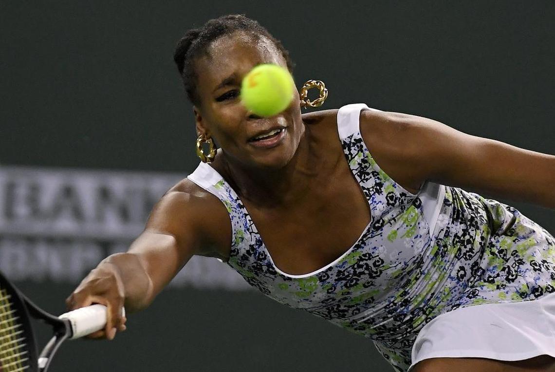 Venus Williams, of the United States, returns a shot to Daria Kasatkina, of Russia, during the semifinals at the BNP Paribas Open tennis tournament on March 16, 2018, in Indian Wells, Calif.