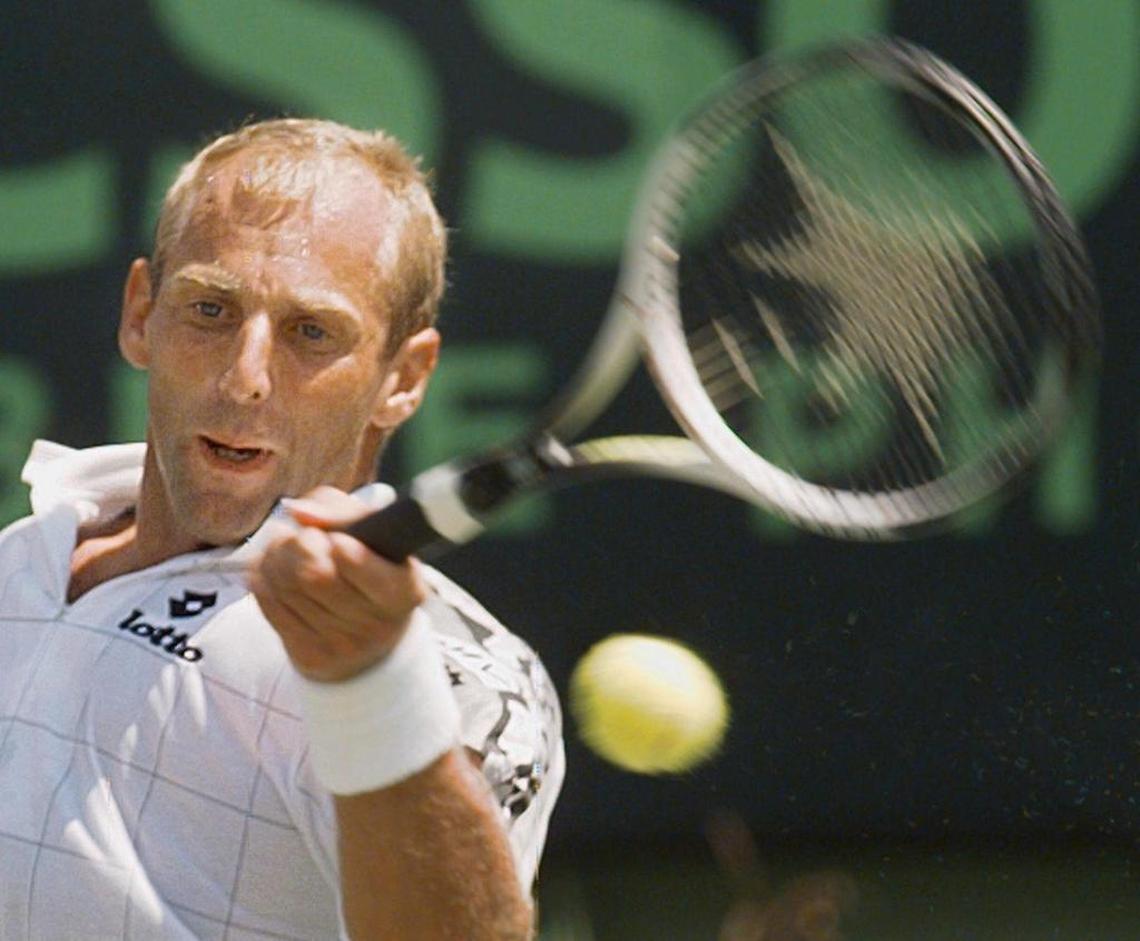 Thomas Muster of Austria returns a forehand during his Men's Lipton Tennis Championships final against Sergi Bruguera of Spain in Key Biscayne on March 30, 1997.