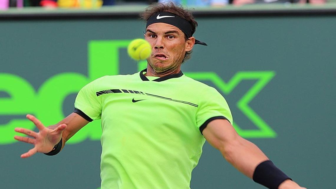 Rafael Nadal, of Spain, returns against Dudi Sela, of Israel, during the men's singles 2nd round at the Miami Open Tennis tournament 2017, presented by Itau, at Crandon Park Tennis Center in Key Biscayne, Florida on Fri., March 24, 2017.