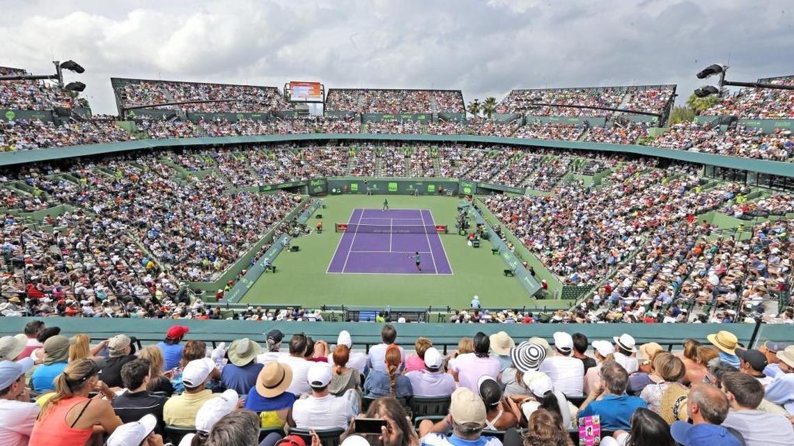 A full house greets as Roger Federer and Frances Tiafoe during a men's singles match at the Miami Open Tennis tournament at Crandon Park Tennis Center in Key Biscayne, Florida, on Saturday, March 25, 2017.