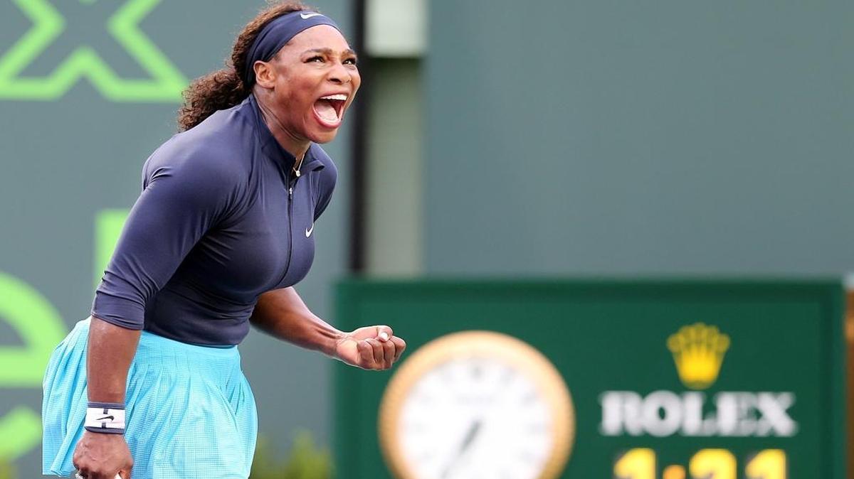 Serena Williams reacts during a victory over Christina McHale at the Miami Open tennis tournament at Crandon Park Tennis Center on Thursday, March 24, 2016, in Key Biscayne, Florida.