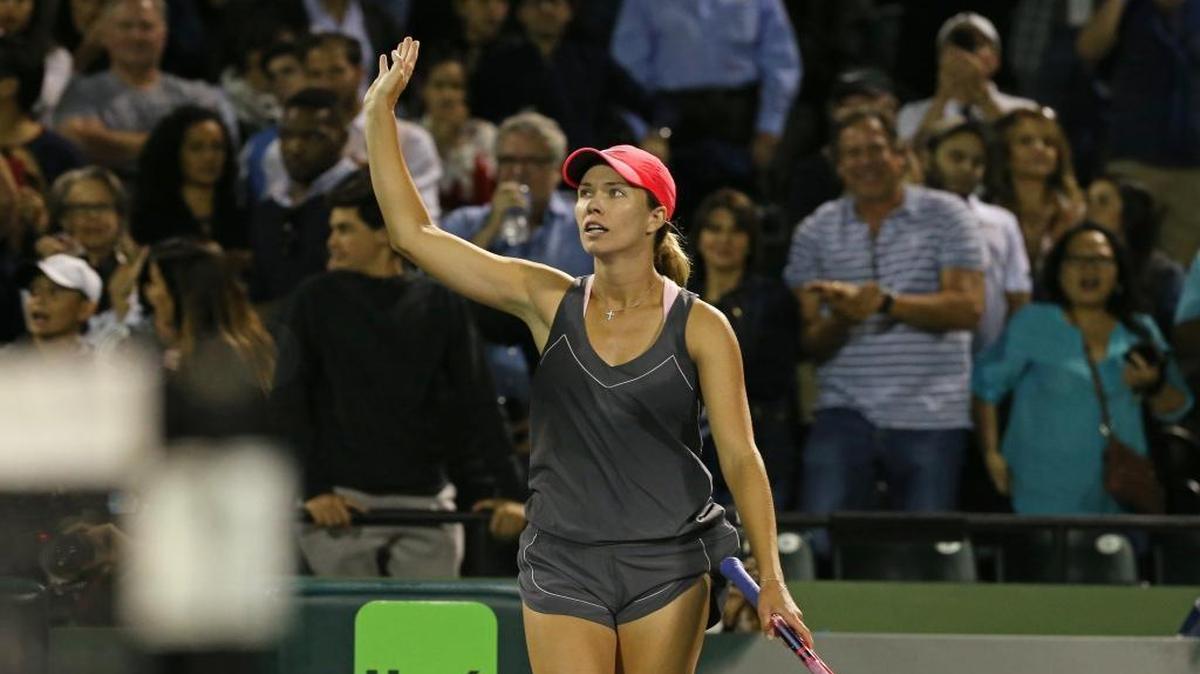 Danielle Collins celebrates after defeating Venus Willams, 6-2, 6-3, during their match at the Miami Open tennis tournament on March 28, 2018 at Crandon Park Tennis Center in Key Biscayne.