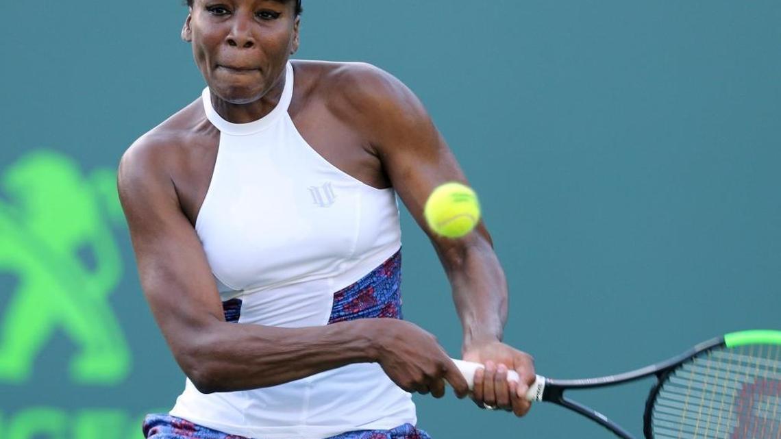 Venus Williams returns a ball hit by Natalla Vikhlyantseva Friday, March 23, 2018, at the 2018 Miami Open on Key Biscayne, Fla.