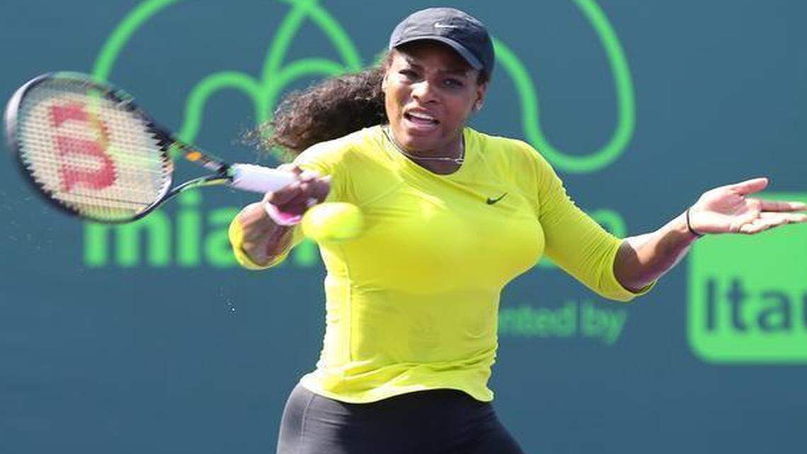 
Serena Williams practices on Day 3 of the Miami Open tennis tournament on Key Biscayne on Wednesday, March 25, 2015.
