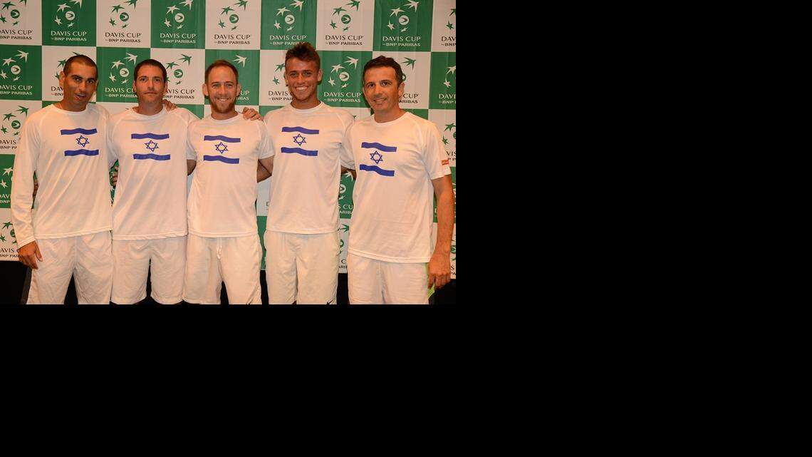 
The Israeli team poses for a picture Thursday, Sept. 11, 2014 in Sunrise, Fla. From left to right: Andy Ram, Yoni Erlich, Dudi Sela, Bar Botzer, captain Eyal Ran.
