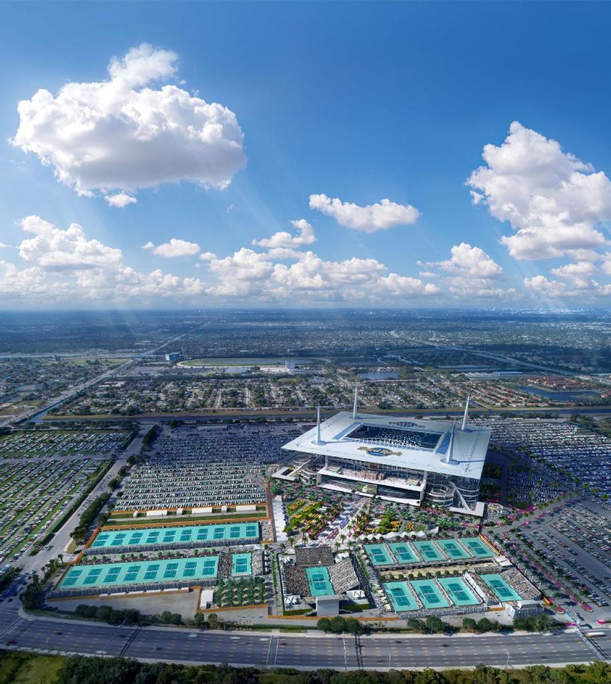 According to IMG president Mark Shapiro, IMG and Dolphins owner Stephen Ross will spend ‘upwards of $60 million’ to build ‘a full-time tennis, entertainment center’ on the parking lots adjacent to the stadium as shown in this artist’s rendering.