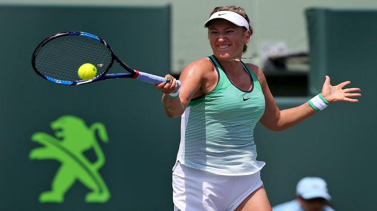 Victoria Azerenka hits a forehand during her 6-3, 6-0 victory over Magda Linette in the third round on Sunday.