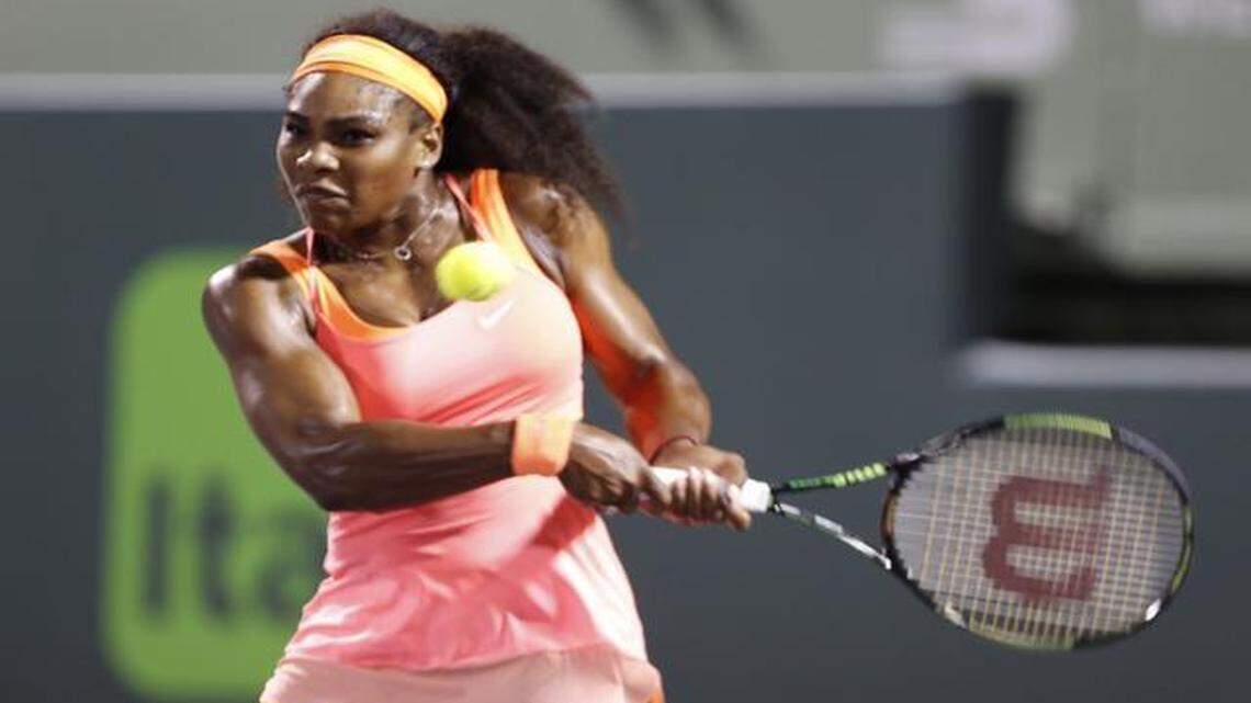 
Serena WIlliams plays Simona Halep in the women’s semifinals at the Miami Open tennis tournament in Key Biscayne on Thursday, April 2, 2015.
