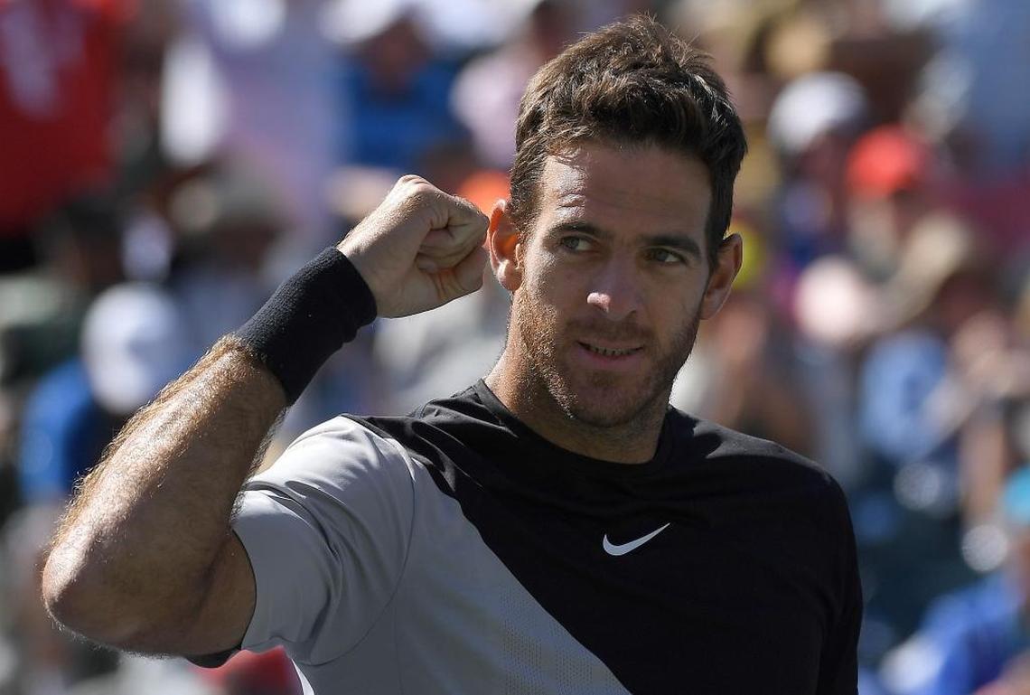 Juan Martin del Potro, of Argentina, celebrates after beating Milos Raonic of Canada during the semifinals at the BNP Paribas Open tennis tournament on March 17, 2018, in Indian Wells, Calif.