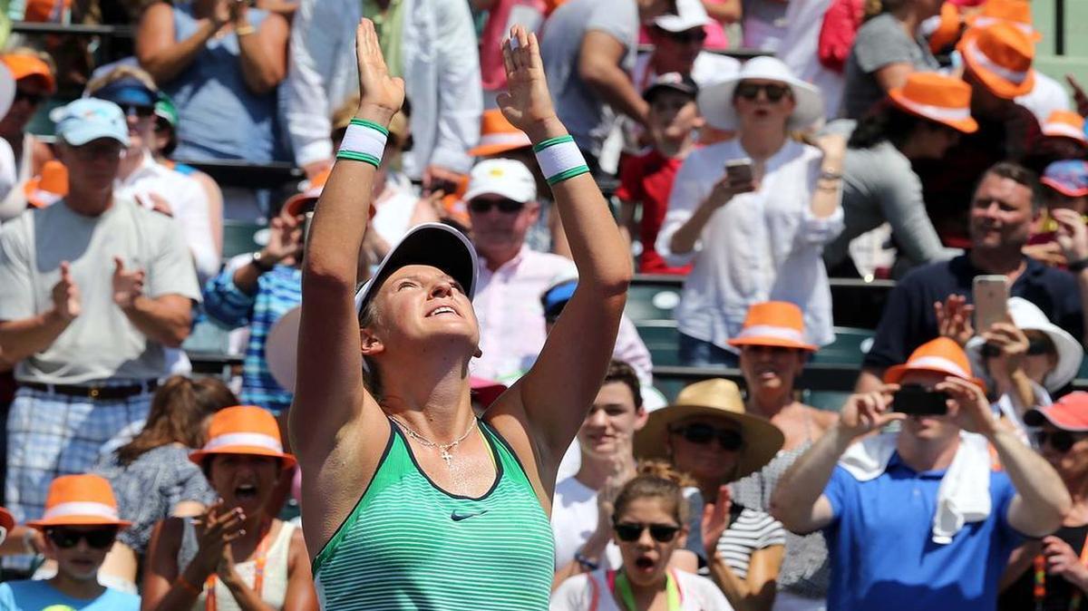 Victoria Azarenka, of Belarus, reacts after defeating Svetlana Kuznetsova, of Russia, 6-3, 6-2, to win the Miami Open tennis tournament at Crandon Park Tennis Center on Saturday, April 2, 2016, in Key Biscayne, Fla.