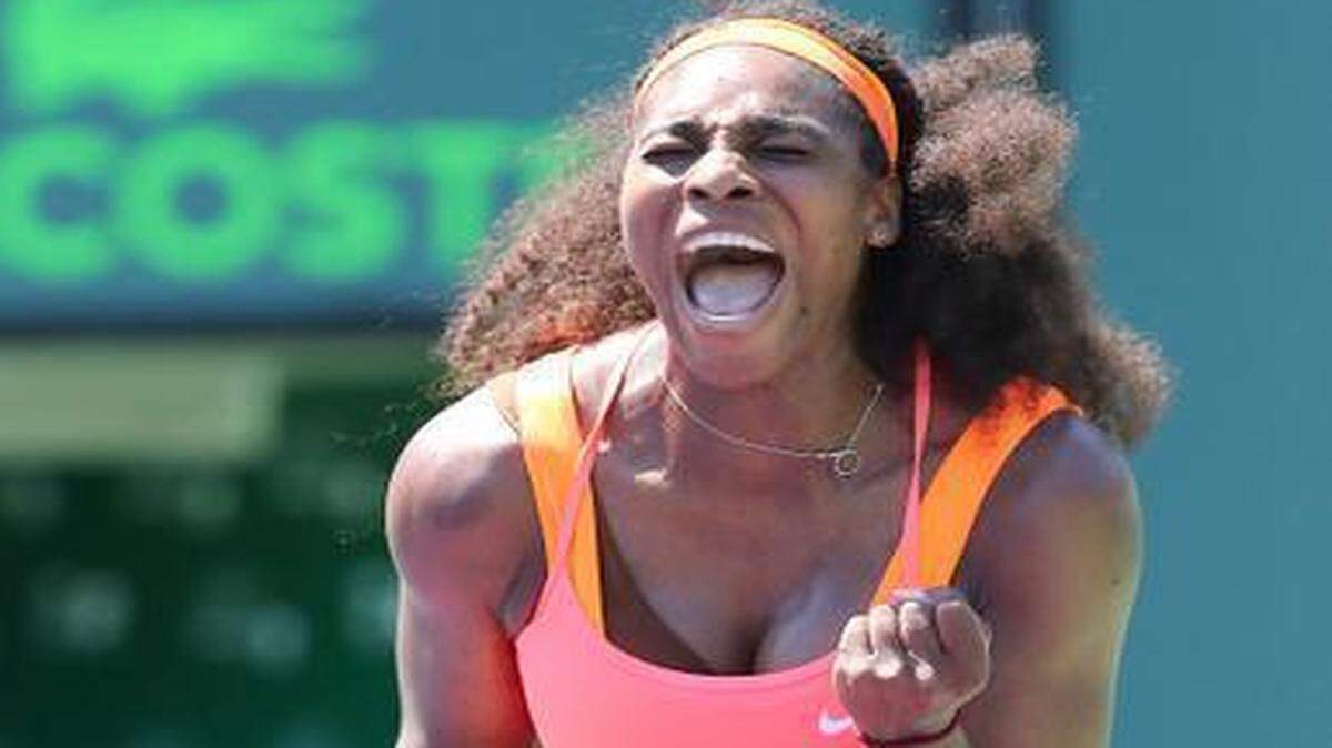 
Serena Williams reacts during her quarterfinal match against Sabine Lisicki at the Miami Open at Crandon Park in Key Biscayne on Wednesday, April 1, 2015.
