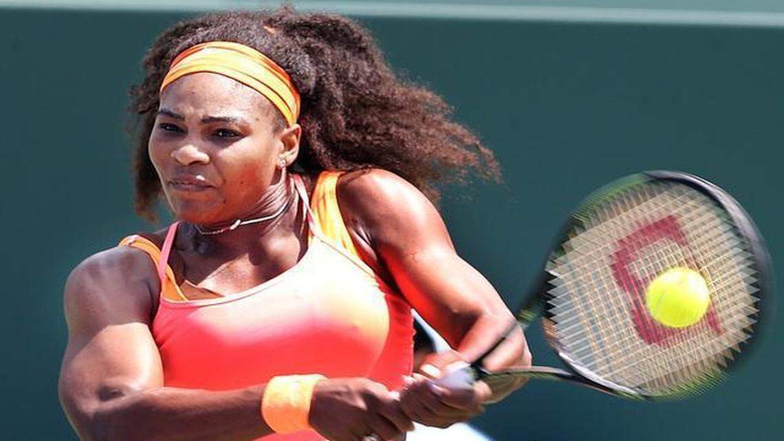 
Serena Williams returns against Svetlana Kuznetsova during the fourth round at the Miami Open tennis tournament at the the Crandon Park Tennis Center in Key Biscayne on Monday, March 30, 2015.
