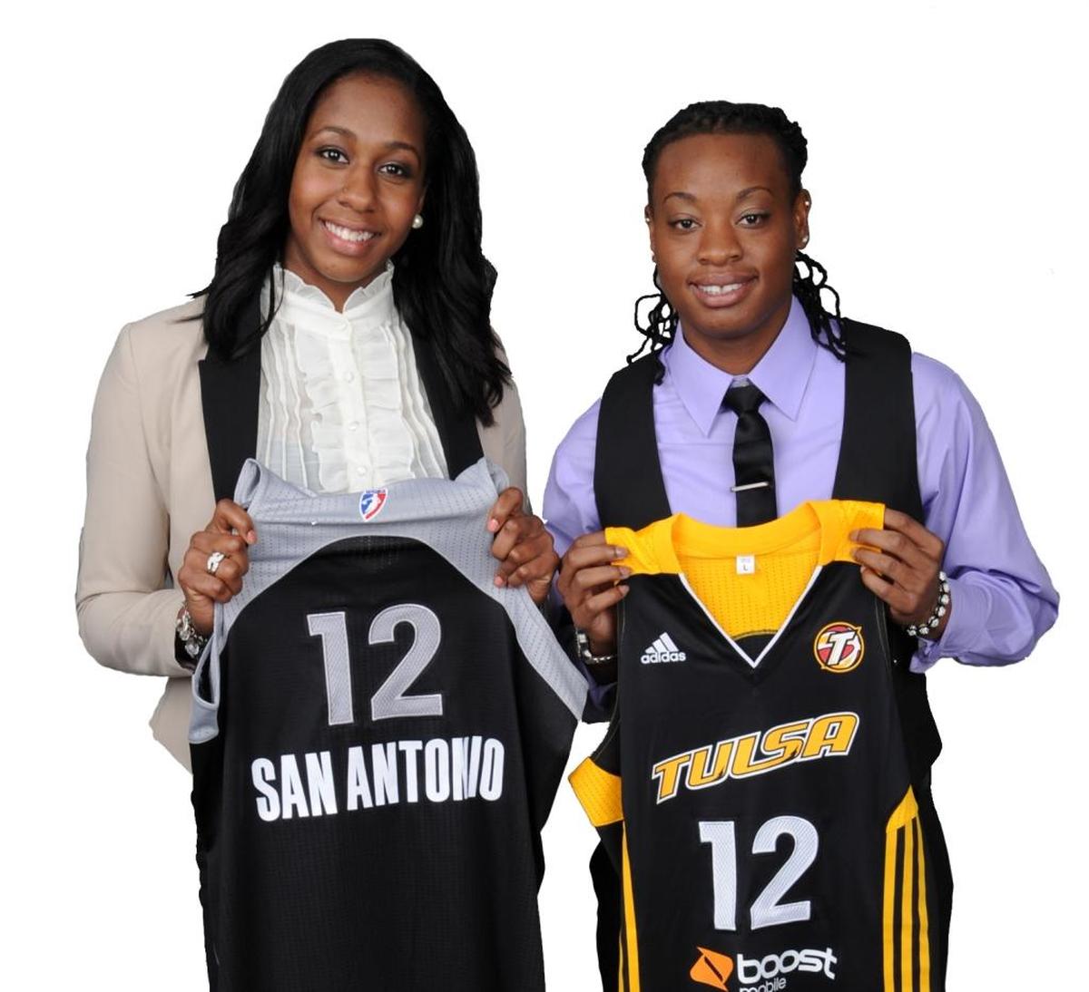 The number five overall pick Shenise Johnson of the San Antonio Silver Stars and the number eleven overall pick Riquna Williams of the Tulsa Shock pose for a portrait during the 2012 WNBA Draft Presented By Boost Mobile on April 16, 2012 at ESPN in Bristol, Connecticut.