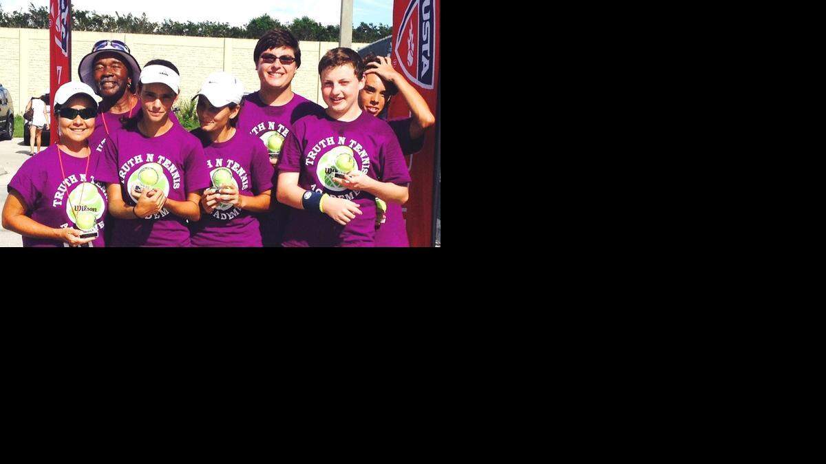 
The Miami Riddlers won the 14U-18U Intermediate Division during the USTA Florida Southwest Team Tennis Challenge at Three Oaks Park in Fort Myers. The champs are Team Captain Kara Borromeo, Coach Leroy Pettis, Vanessa Tabares, Vitoria Tabares, Brett Dembrew, Aleksa Andrejevic, Victor Oliveira.
