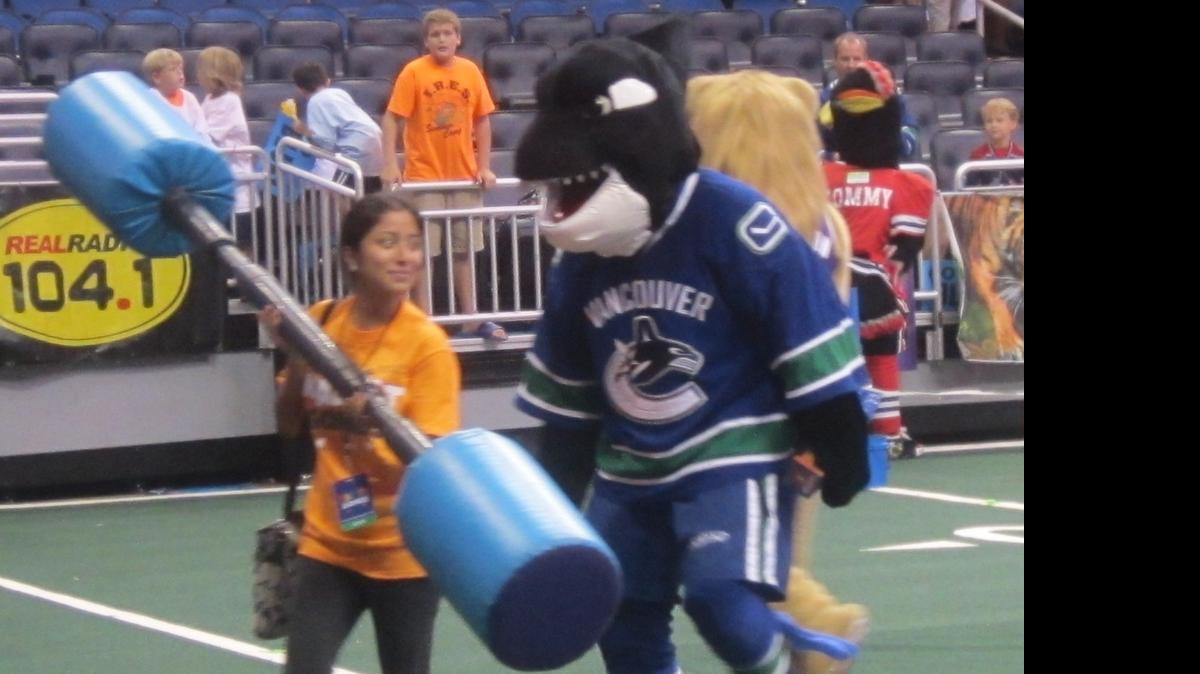 
Having some fun with one of the volunteers, Fin the Whale of the NHL Vancouver Canucks traveled furthest to participate in the cause worthy Mascot Games last year. The Mascot Games, presented by Wawa and benefiting New Hope for Kids, returns to the Amway Center on June 19 and 20 in Orlando.
