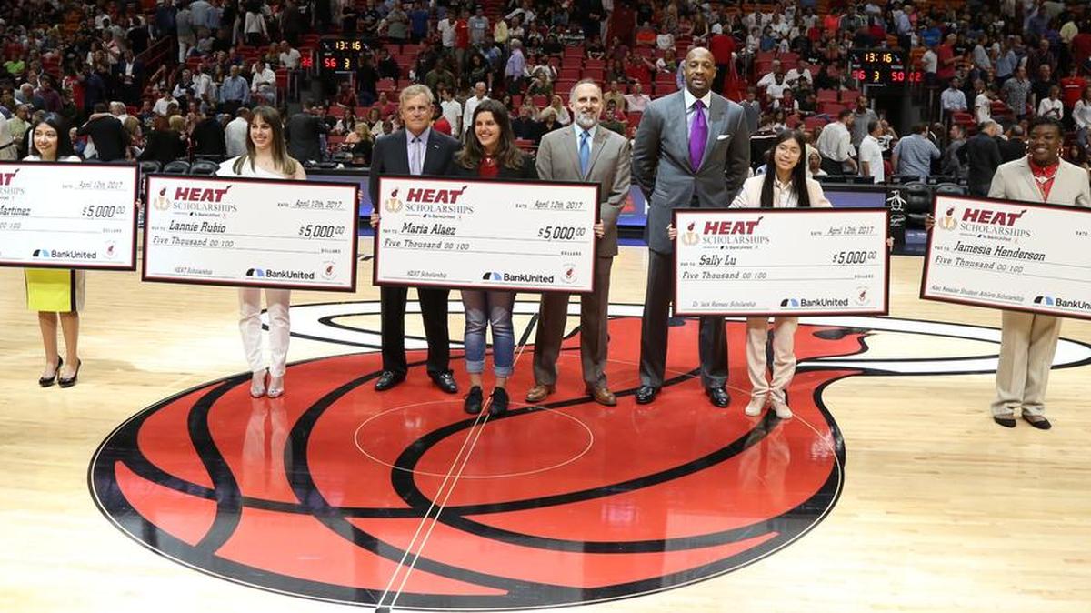 The Miami HEAT announced the five recipients of the 2017 HEAT Scholarships presented by BankUnited and the Miami HEAT Charitable Fund. BankUnited Senior Executive Vice President Gerry Litrento, Executive Director of the Miami HEAT Charitable Fund Steve Stowe and HEAT legend Alonzo Mourning hosted a special halftime ceremony to honor the 2017 HEAT Scholarship recipients at the AmericanAirlines Arena. They are from left, Jocabed Martinez, Lannie Rubio, Maria Alaez, Sally Lu and Jamesia Henderson.