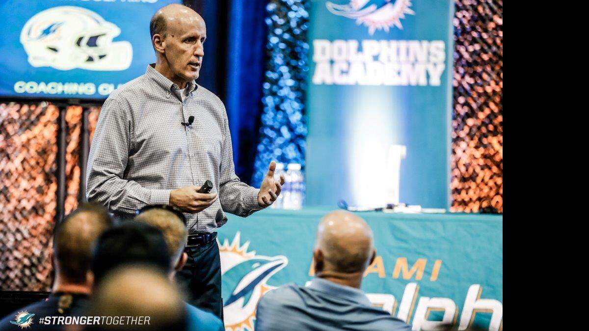 
The inaugural Miami Dolphins Coaches Clinic was at the Don Taft University Center Arena at Nova Southeastern University -- across from the Miami Dolphins practice facility in Davie. Dolphins Head Coach Joe Philbin opened the event, followed by instruction from more Dolphins coaches and college coaches from Florida Atlantic University, Florida International University and the University of Miami. The pro and college coaches donated their time and expertise to more than 1,000 registered South Florida youth league and high school football coaches.

