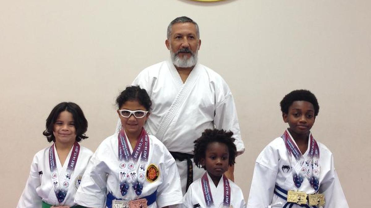 Cesar Leon, Camila Santaella, Sensei Jose Santaella, Bryce Joseph and Blake Joseph of Kogeki Dojo in Miami Shores were outstanding in Pittsburgh at the USA Karate National Championships and Team Trials for the World Games and Pan-American Games.