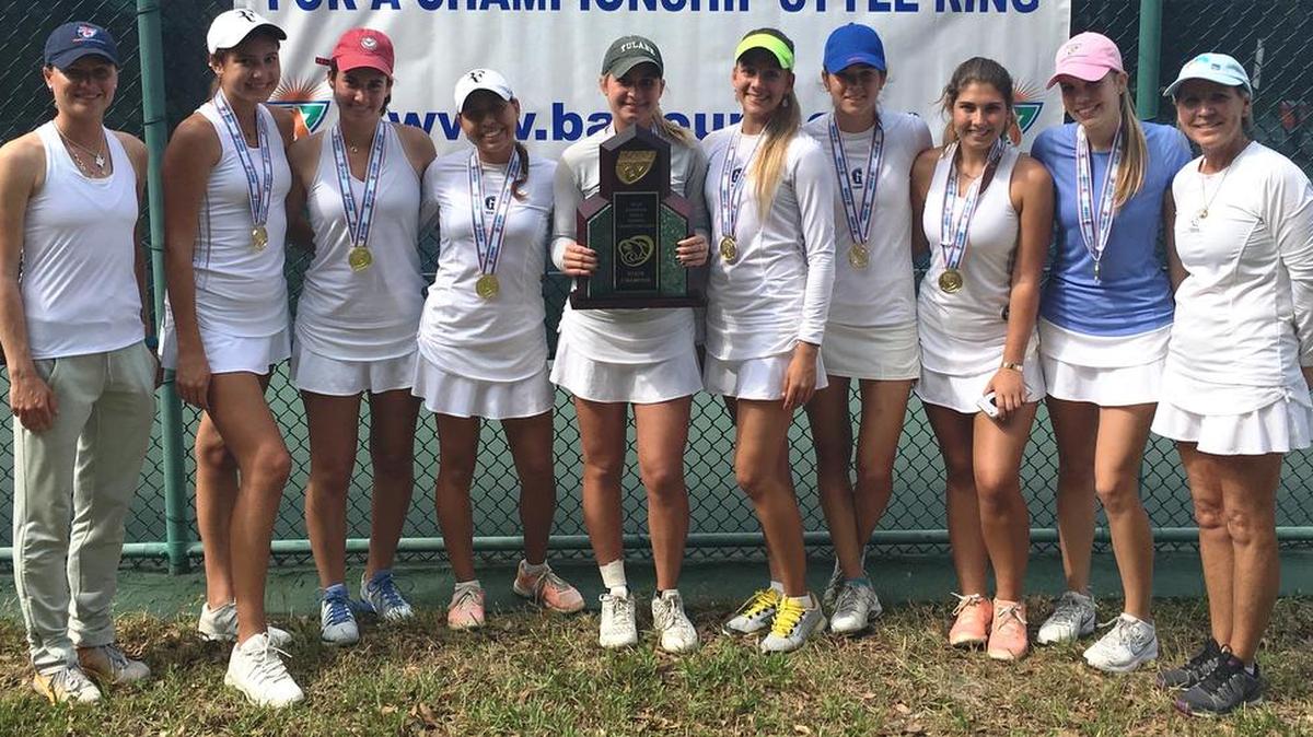 The Gulliver Prep girls’ tennis team recaptured the FHSAA Class 2A state tennis championship. It marks Gulliver’s seventh state team title in girls’ tennis. The Raiders finished the season undefeated at 18-0. The champs are from left, Assistant Coach Anna Larionova, Sasha Kolesnikova, Tina Barrios, Tatiana Ramirez, Julieta Dalmau, Estefania Navarro,Ysabel Gonzalez Rico, Serena Stevens, Lindy Lyons, and Head Coach Kelly Mulligan.