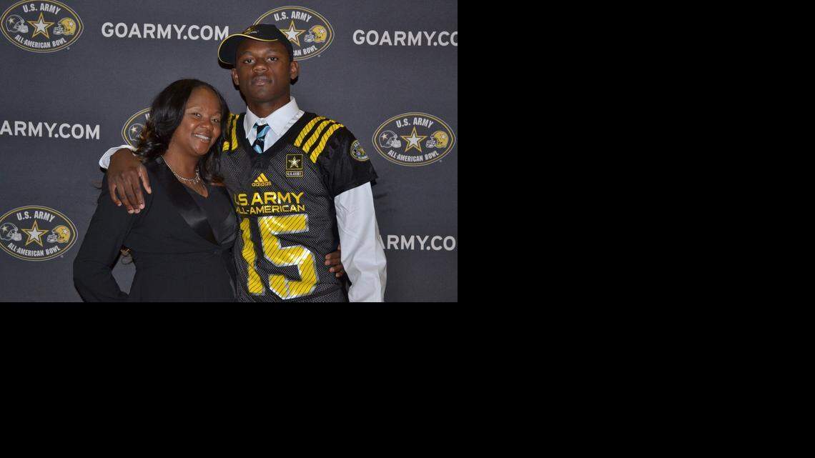 
The 2015 U.S. Army All-American Bowl Selection Tour visited Miami Northwestern High School to select defensive back Deandre Baker for the 2015 U.S. Army All-American Bowl. Baker is pictured with his mom, Chenika Chambers.

