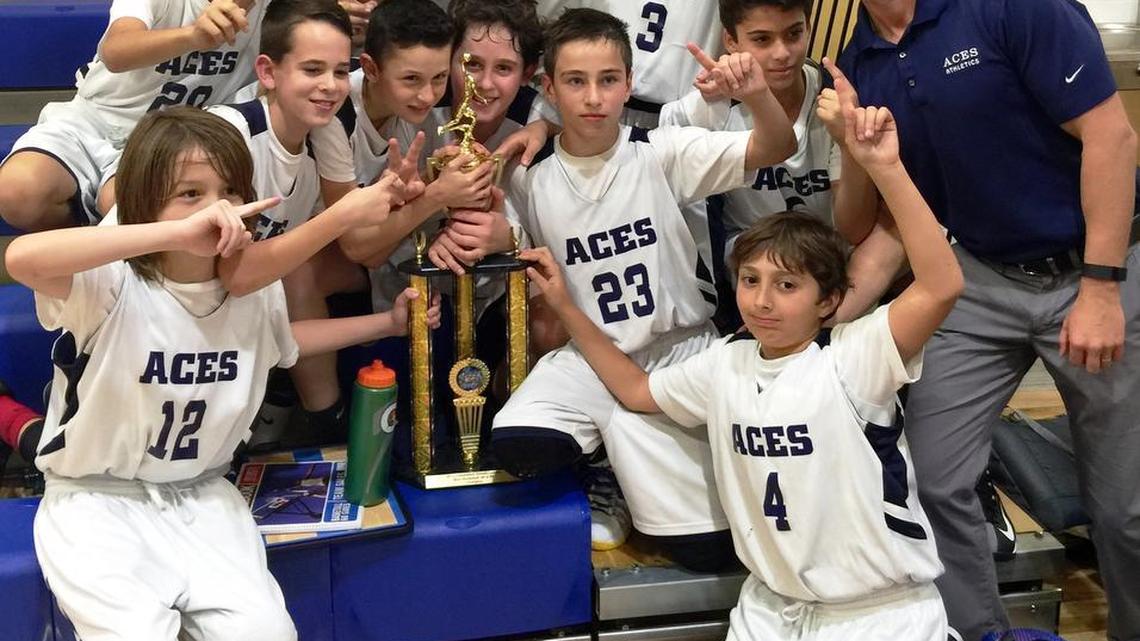 The ACES (Aventura City of Excellence School) Eagles JV travel basketball team went undefeated at 10-0, capped off by winning the Independent Athletic League Championship, a first in program history. The champs are front from left, Jack Dillon, Matthew Chaikin; middle, Guy Katri, Jackson Gold, Joaquin Malarria, Jake Crowder, Raz Sela, Head Coach Donald Krumrie; back, Sebastian Paz, Nadav Leibovici, Tomas Lado, Ethan Mittler, and Andres Sedler.