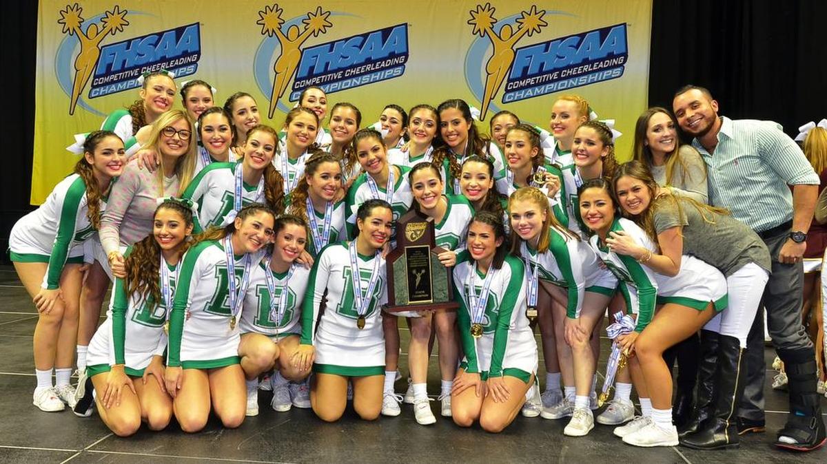The St. Brendan High School varsity cheer team won the state title in the Class 1A Extra Large Varsity Division of the FHSAA Competitive Cheerleading Championships at the Sun Dome at the University of South Florida in Tampa. The champion Sabres are front from left, Lourdes Diez, Valentina Espinoza, Gabrielle Ureta, Amanda Morejon, Elizabeth Rubio, Ashley Fernandez, Mattie Ortiz, Coach Cecilia Espinosa; middle, Cassie Cortes, Coach Arlenee Suarez, Carolina Iglesias, Diana Ortega, Isabella Codinach, Meagan Nasco, Katia Sierra, Amanda Azan, Zeleen Ondriezek, Jessica Moreno, Coach Victoria Salazar, Tumbling Coach Daniel Hernandez; back, Veronica Garcia, Katiya Pedrouzo, Madison Perez, Cristina Perez, Ana Fernandez, Natasha Codinach, Angela Cabrera, Melanie Regueyra, Daniella Caballero, Samantha Ordieres, and Katherine Hrach.