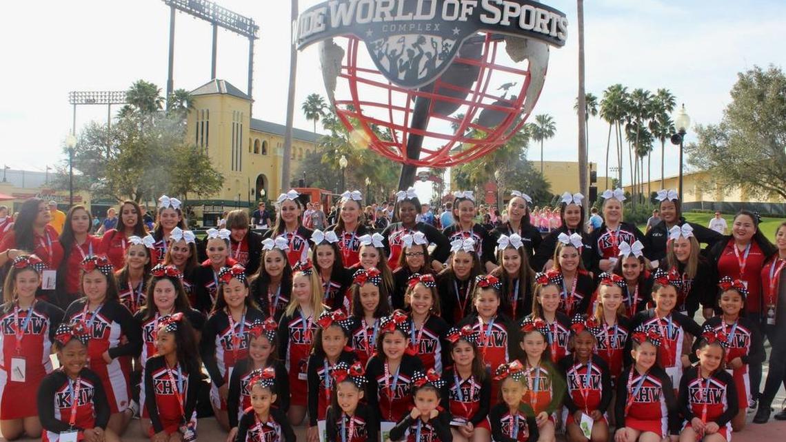 The Kendall Hammocks Warriors Pro and Prep/Pee Wee teams won the All Around Spirit Award at the Contest of Champions Cheerleading National Championships at Disney’s ESPN Wide World of Sports Complex in Lake Buena Vista. The stellar group will be treated to a pizza party on behalf of the COC organization. They are front from left, Jenevieve Oliva, Ashley Perdomo, Sadie Madsen, Caylee Perdomo; second row, Deandrah Taylor, Julie Rogers, Megan Wilson, Adrianna Madsen, Valerie Perez, Sarah Chavez, Arielis Diaz, Angelica Albisa, Giannina Cuggee, Gabrielle Lopez; third row, Anaya Sanchez-Llorela, Lauren Lopez, Soleil Chimerakis, Daniella Gutierrez, Brycen O’neil, Alyssa Tellez, Emily Rodriguez, Kyra Narazinis, Madyson Pichel, Brianna D’Fana. Eliza Rodriguez, Amanda Jackson; fourth row, Geena Albisa, Zoe Suarez, Natalia Fraguela, Jocelyn Cribeiro, Ella Guevara, Ashley Lardizabul, Caitlyn Drickler, Kaitlyn Betancourt, Angelica Sardinas, Emi Nevot, Adriana Rodriguez, Luna Chimerakis, Priscilla Narazinis, Andrea Pena; back, Coach Nicole Carrasquero, Coach Yuki Oide, Head Coach Meylin Castro, Tiffany Betancourt, Diego Perez, Sofia Isaza, Joy Castano, Axelle Bennett, Victoria Perez, Marcela Cespedes, Natalie Sardinas, Hailee Dube, and Rachel Ramirez.