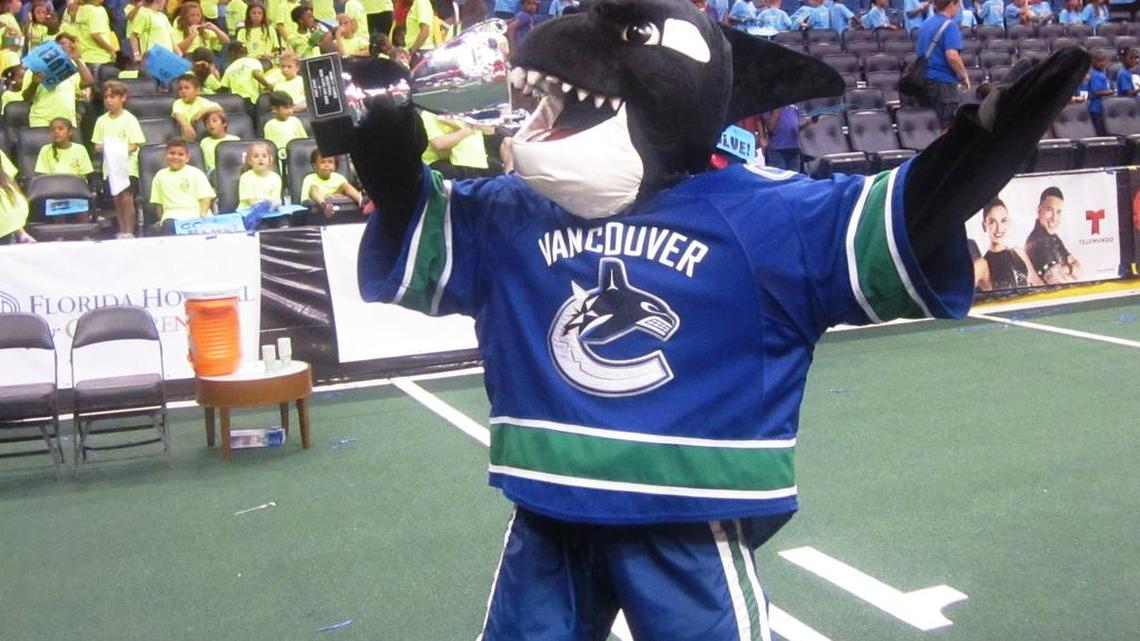 Fin the Whale of the NHL Vancouver Canucks celebrating his team winning Day One of the 2016 Mascot Games at the Amway Center in Orlando. The 2017 Mascot Games, presented by Wawa and benefiting New Hope for Kids, is June 23-24 at the Amway Center in Orlando.