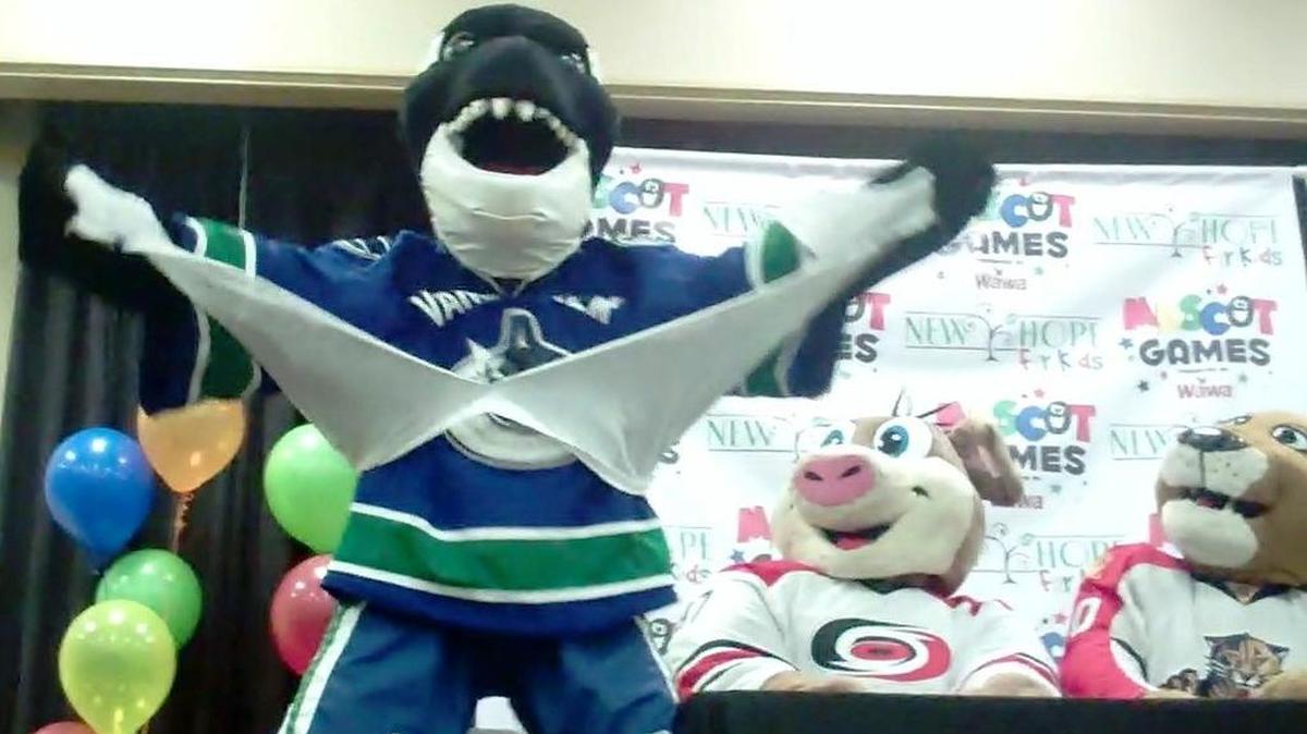Fin the Whale of the NHL Vancouver Canucks surprises his mascot peers as he unleashes his inner Hulk-a-Mania during the Wawa Mascot Games Draft Party last year at New Hope for Kids in Maitland near Orlando. Fin traveled cross country to captain one of the mascot teams in this fun annual benefit for New Hope for Kids. He returns this year for the Wawa Mascot Games on June 17 and 18 at the Amway Center in Orlando.