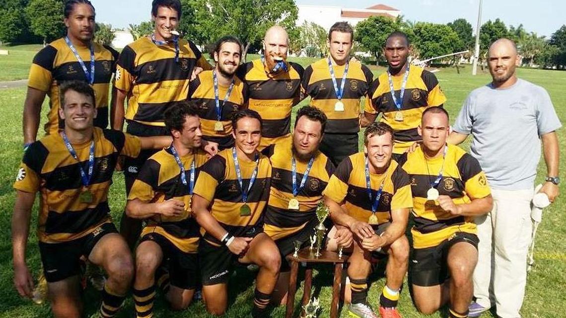 The Miami Rugby Club team went undefeated to win the gold medal in the Men’s Open Division of the Sunshine State Games Rugby Championships at Brian Piccolo Park in Cooper City. The champs are front from left, Jose Laphitzondo, Damien Clemente, Mateo Velazquez, Cagney Kobrin, Cristian Alonso, Jesse Tavai; back, Adrian Salazar, Santiago Laphitzondo, Francisco Gonzalez Montaner, Craig Sykes, Eugenio Alonso, Adrian White, and Coach Ronnie Suarez.