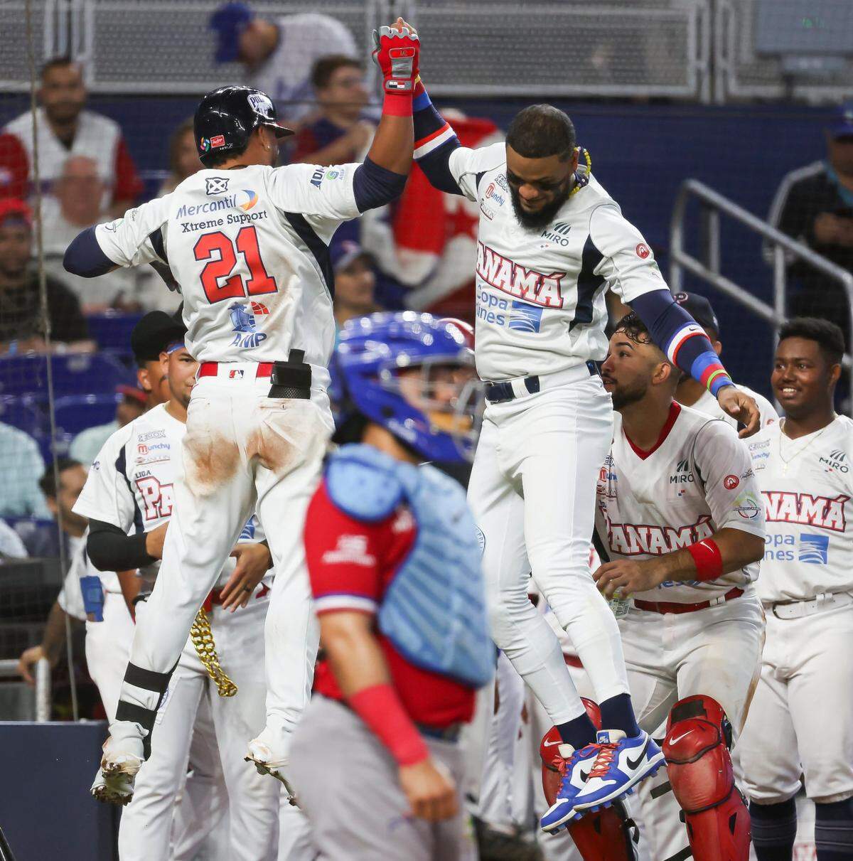 Panama outfielder Johnny Yussef Santos (21) celebrates after hitting a home run against Dominican Republic in the second inning of a Caribbean Series baseball game on Wednesday, Feb. 7, 2024, in Miami, Fla.