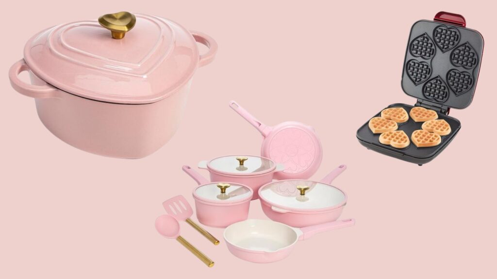 composite photo of heart-shaped kitchenware against a light pink background