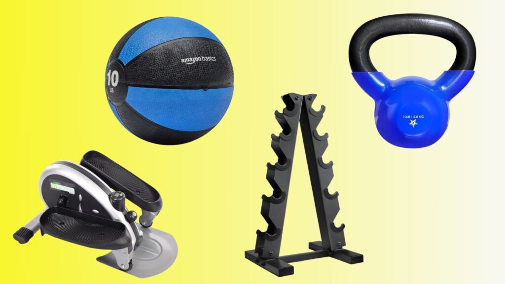 composite photo of home gym equipment