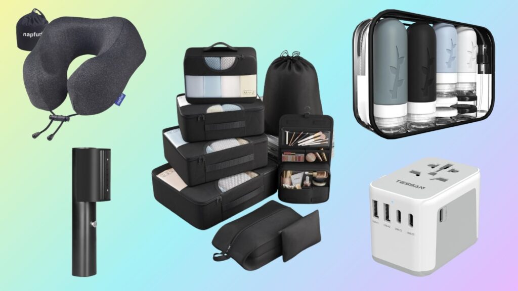 composite photo of travel accessories